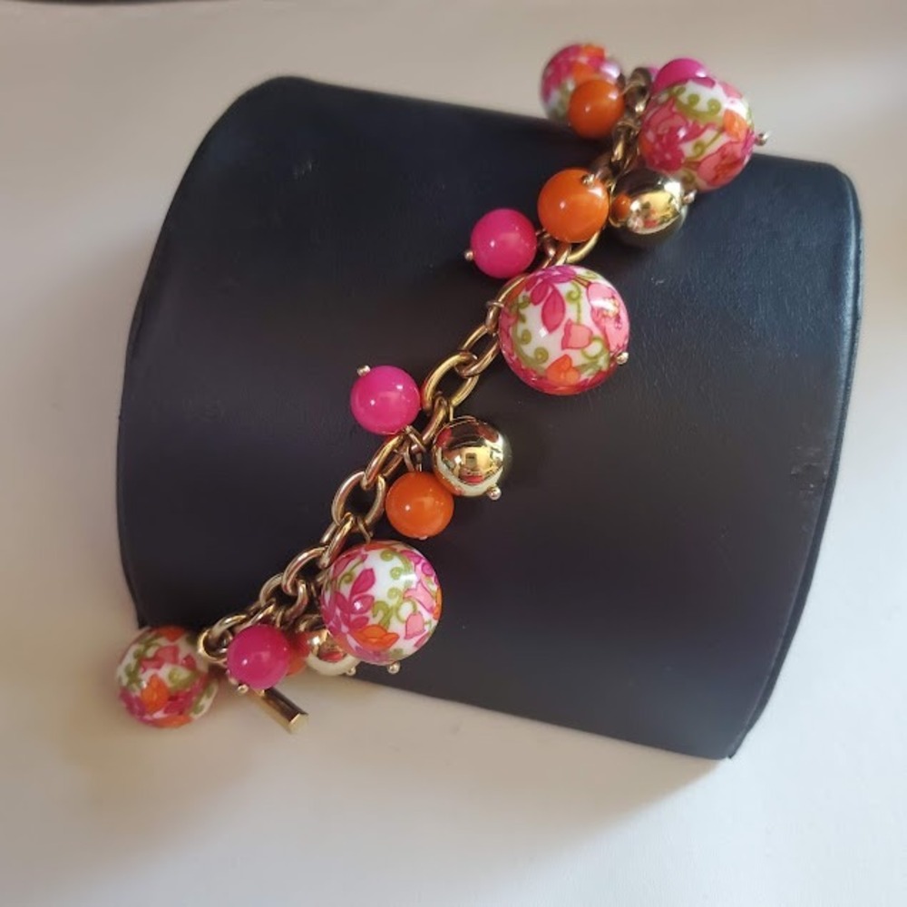 Vera Bradley Gold Tone Floral Spring Toggle Charm Bracelet Pink Orange White